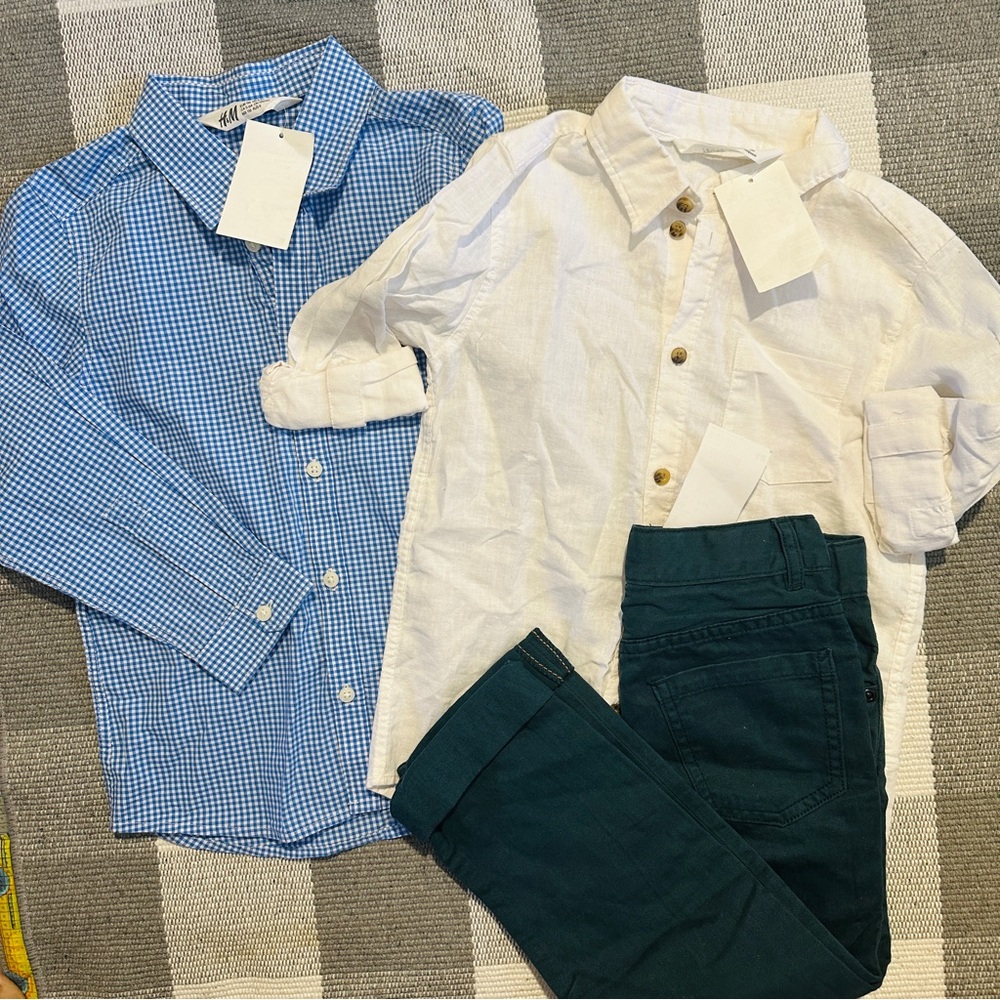 NEW 3pc H&M white,gingham long sleeve shirt & pants outfits set for boys kids